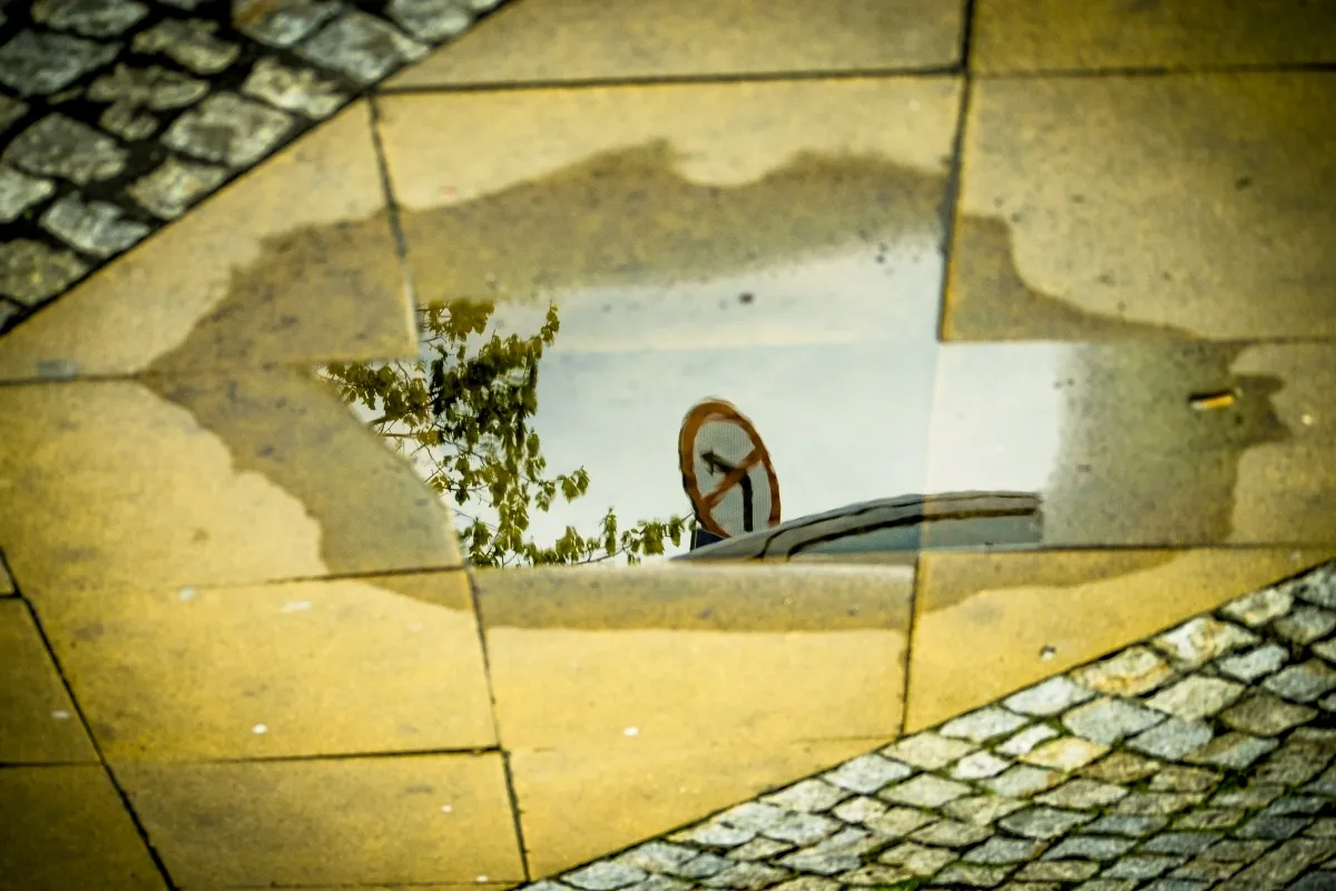 No-turn traffic sign and tree reflected in a puddle on paving stones